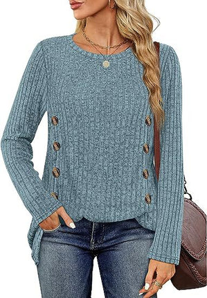 Women's long-sleeved round neck top Trendy ribbed knit pullover sweater Autumn casual solid color buttons double row of buttons open shirt