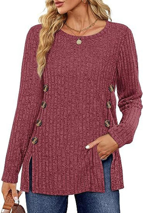 Women's long-sleeved round neck top Trendy ribbed knit pullover sweater Autumn casual solid color buttons double row of buttons open shirt