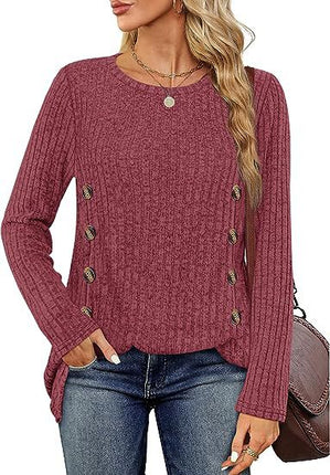 Women's long-sleeved round neck top Trendy ribbed knit pullover sweater Autumn casual solid color buttons double row of buttons open shirt
