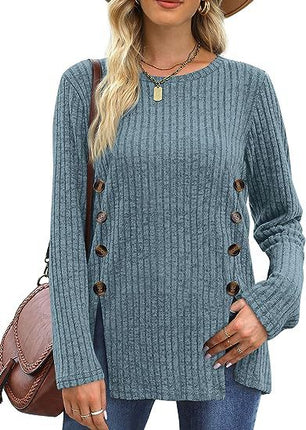 Women's long-sleeved round neck top Trendy ribbed knit pullover sweater Autumn casual solid color buttons double row of buttons open shirt