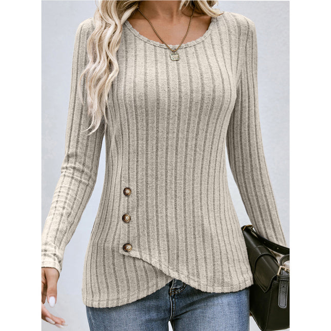 Womens Ribbed Knit Shirts Long Sleeve Casual Crewneck Irregular Tops with Button Ladies Soft Pullover Blouse