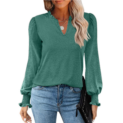 Women's Long Sleeve Shirt Autumn Bubble Sleeve V-Neck Solid Color Tops Fluffy Casual Loose Tops