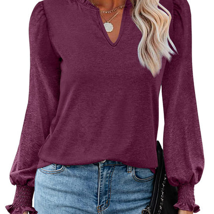 Women's Long Sleeve Shirt Autumn Bubble Sleeve V-Neck Solid Color Tops Fluffy Casual Loose Tops