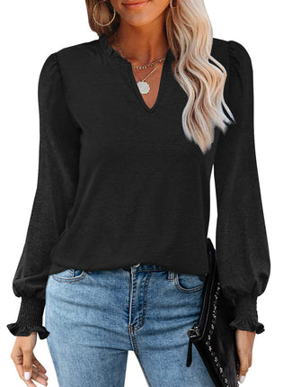 Women's Long Sleeve Shirt Autumn Bubble Sleeve V-Neck Solid Color Tops Fluffy Casual Loose Tops