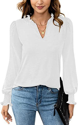 Women's Long Sleeve Shirt Autumn Bubble Sleeve V-Neck Solid Color Tops Fluffy Casual Loose Tops
