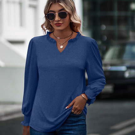 Women's Long Sleeve Shirt Autumn Bubble Sleeve V-Neck Solid Color Tops Fluffy Casual Loose Tops