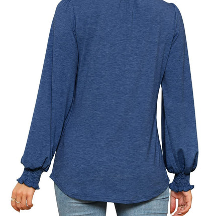Women's Long Sleeve Shirt Autumn Bubble Sleeve V-Neck Solid Color Tops Fluffy Casual Loose Tops