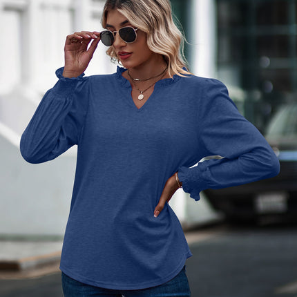 Women's Long Sleeve Shirt Autumn Bubble Sleeve V-Neck Solid Color Tops Fluffy Casual Loose Tops