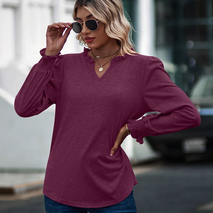 Women's Long Sleeve Shirt Autumn Bubble Sleeve V-Neck Solid Color Tops Fluffy Casual Loose Tops