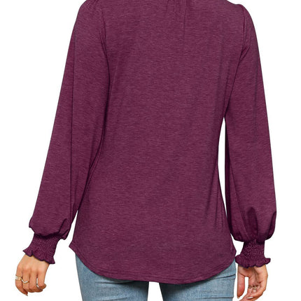 Women's Long Sleeve Shirt Autumn Bubble Sleeve V-Neck Solid Color Tops Fluffy Casual Loose Tops