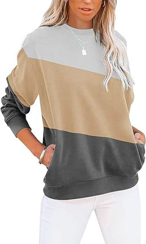 Women's Colorblocking Casual Long Sleeve Top Round Neck Sweatshirt Loose Pullover Pocket Sweatshirt 1