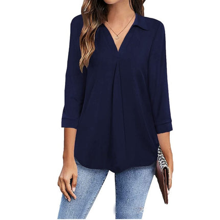 Ladies Casual Business Shirt Long Sleeve Lapel V Neck Tunic Pure Color Seven-Quarter Sleeve Loose Comfortable Pullover Top