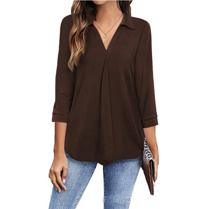 Ladies Casual Business Shirt Long Sleeve Lapel V Neck Tunic Pure Color Seven-Quarter Sleeve Loose Comfortable Pullover Top