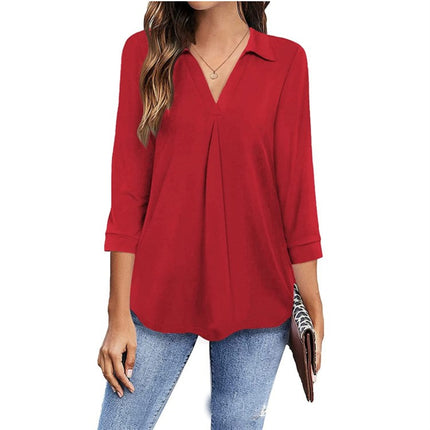 Ladies Casual Business Shirt Long Sleeve Lapel V Neck Tunic Pure Color Seven-Quarter Sleeve Loose Comfortable Pullover Top