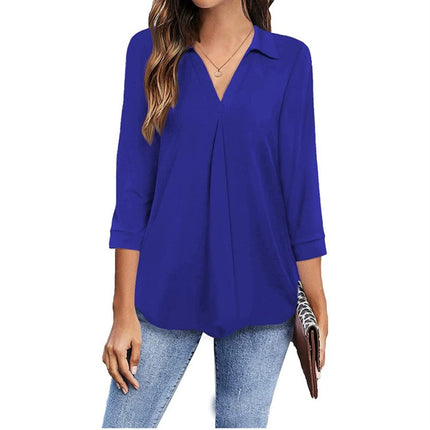 Ladies Casual Business Shirt Long Sleeve Lapel V Neck Tunic Pure Color Seven-Quarter Sleeve Loose Comfortable Pullover Top