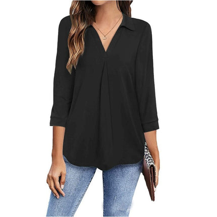 Ladies Casual Business Shirt Long Sleeve Lapel V Neck Tunic Pure Color Seven-Quarter Sleeve Loose Comfortable Pullover Top
