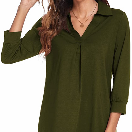 Ladies Casual Business Shirt Long Sleeve Lapel V Neck Tunic Pure Color Seven-Quarter Sleeve Loose Comfortable Pullover Top