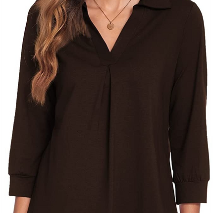 Ladies Casual Business Shirt Long Sleeve Lapel V Neck Tunic Pure Color Seven-Quarter Sleeve Loose Comfortable Pullover Top