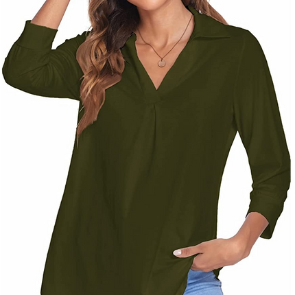 Ladies Casual Business Shirt Long Sleeve Lapel V Neck Tunic Pure Color Seven-Quarter Sleeve Loose Comfortable Pullover Top