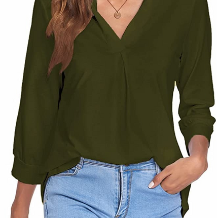 Ladies Casual Business Shirt Long Sleeve Lapel V Neck Tunic Pure Color Seven-Quarter Sleeve Loose Comfortable Pullover Top