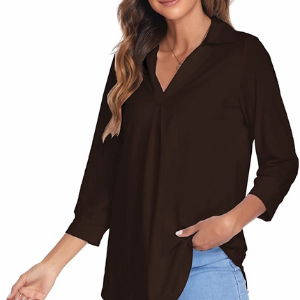Ladies Casual Business Shirt Long Sleeve Lapel V Neck Tunic Pure Color Seven-Quarter Sleeve Loose Comfortable Pullover Top