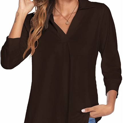 Ladies Casual Business Shirt Long Sleeve Lapel V Neck Tunic Pure Color Seven-Quarter Sleeve Loose Comfortable Pullover Top
