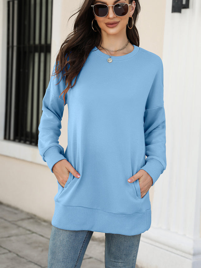 Women's Casual Long Sleeve Round Neck Pocket T Shirt Shirt Pullover Top with Pockets Solid Color Sweatshirt Tops