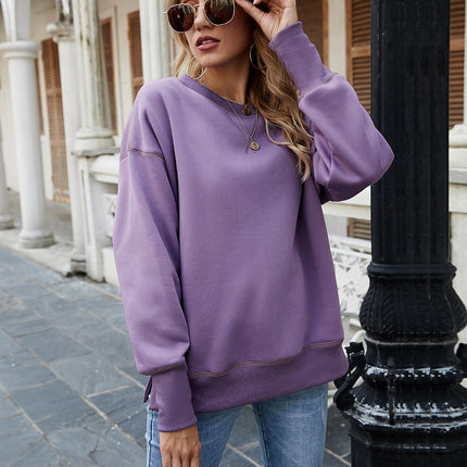 Ladies Long Sleeve Sweatshirt Solid Color Side Split Fleece Round Neck Pullover Padded Thickened Sweatshirt Women
