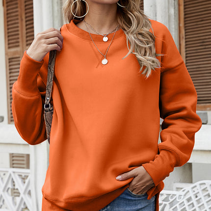Ladies Long Sleeve Sweatshirt Solid Color Side Split Fleece Round Neck Pullover Padded Thickened Sweatshirt Women