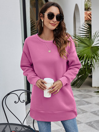 Crewneck Sweatshirt Women's Mid-Length Pocket Sweatshirt Casual Solid Color Round Neck Pullover Long Sleeve Top