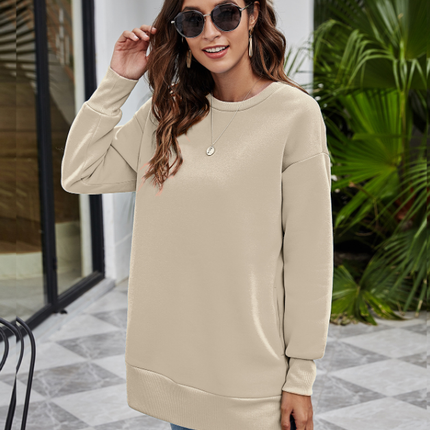 Crewneck Sweatshirt Women's Mid-Length Pocket Sweatshirt Casual Solid Color Round Neck Pullover Long Sleeve Top