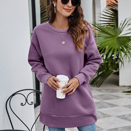 Crewneck Sweatshirt Women's Mid-Length Pocket Sweatshirt Casual Solid Color Round Neck Pullover Long Sleeve Top
