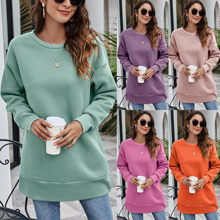 Crewneck Sweatshirt Women's Mid-Length Pocket Sweatshirt Casual Solid Color Round Neck Pullover Long Sleeve Top