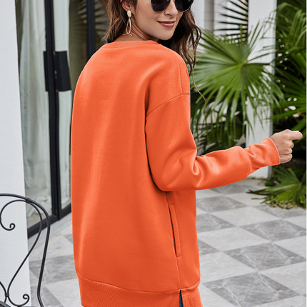 Crewneck Sweatshirt Women's Mid-Length Pocket Sweatshirt Casual Solid Color Round Neck Pullover Long Sleeve Top