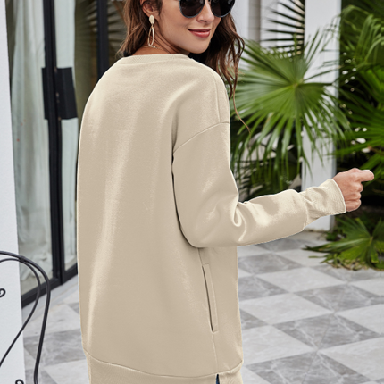 Crewneck Sweatshirt Women's Mid-Length Pocket Sweatshirt Casual Solid Color Round Neck Pullover Long Sleeve Top
