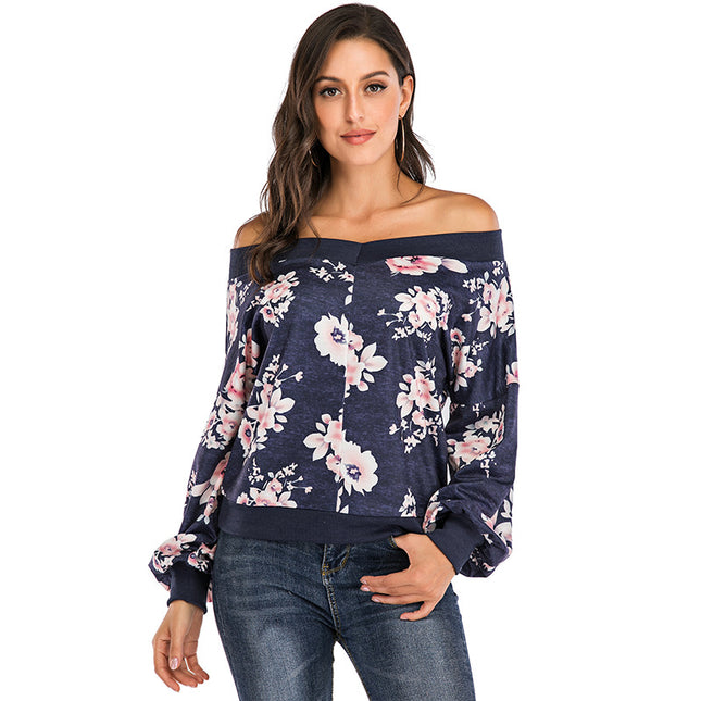 Women's Classic Low Neck Floral Printed Sweatshirt Women's Casual Sweatshirt Top Long Sleeve Ladies Tops