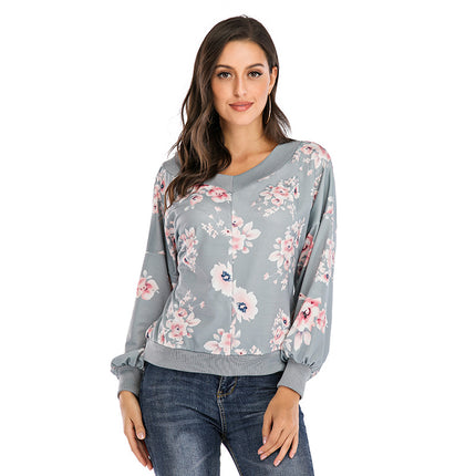 Women's Classic Low Neck Floral Printed Sweatshirt Women's Casual Sweatshirt Top Long Sleeve Ladies Tops