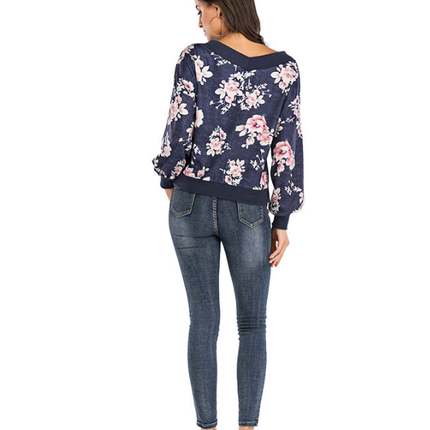 Women's Classic Low Neck Floral Printed Sweatshirt Women's Casual Sweatshirt Top Long Sleeve Ladies Tops