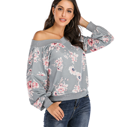 Women's Classic Low Neck Floral Printed Sweatshirt Women's Casual Sweatshirt Top Long Sleeve Ladies Tops