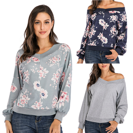 Women's Classic Low Neck Floral Printed Sweatshirt Women's Casual Sweatshirt Top Long Sleeve Ladies Tops