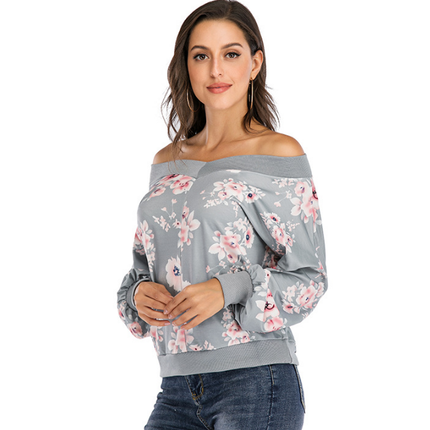Women's Classic Low Neck Floral Printed Sweatshirt Women's Casual Sweatshirt Top Long Sleeve Ladies Tops