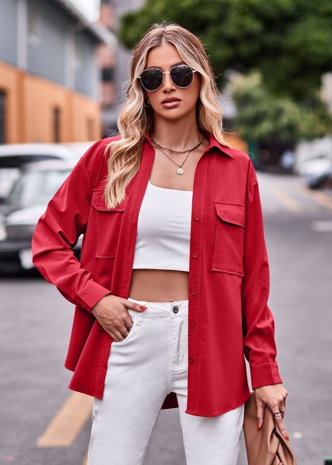 Women's Long Sleeve Button Down Shirt Casual Loose With Collar Single Breasted Shirt With Double Chest Pocket Solid Color Shirt
