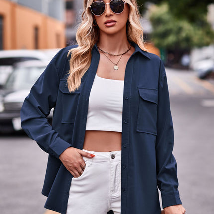 Women's Long Sleeve Button Down Shirt Casual Loose With Collar Single Breasted Shirt With Double Chest Pocket Solid Color Shirt
