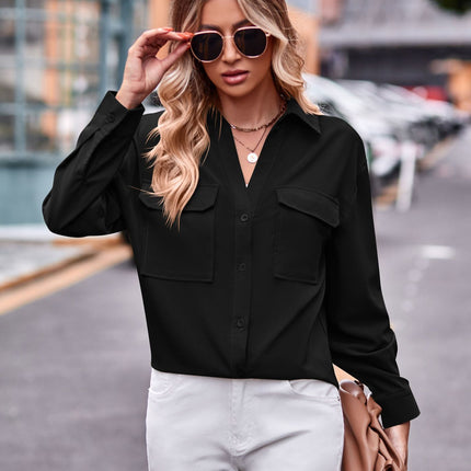 Women's Long Sleeve Button Down Shirt Casual Loose With Collar Single Breasted Shirt With Double Chest Pocket Solid Color Shirt