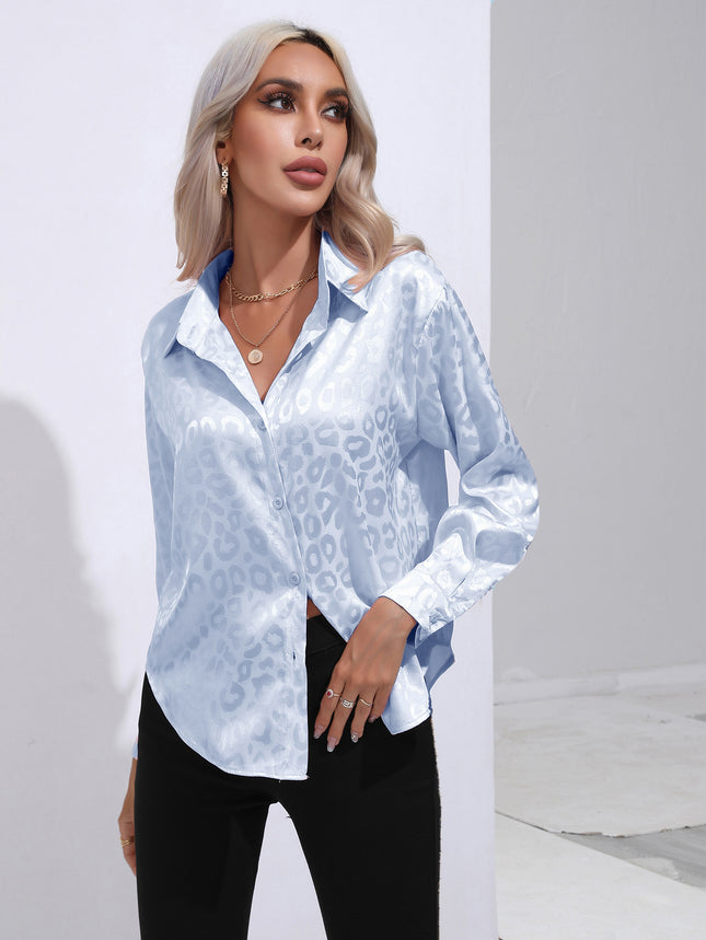 Women's Flip Collar Faux Satin Silk Shirt, Leopard Jacquard Collar Loose Shirt OL Shirt Office Casual Tops