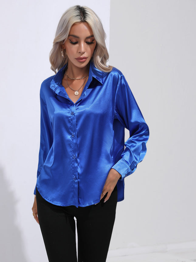 Women's denim shirt Satin shirt Women's satin simulation silk long-sleeved shirt Spring and summer European shirt