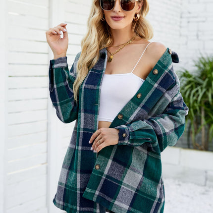 Women's casual plaid long-sleeved shirt fall and winter models buttons tweed thin jacket with pockets casual tops