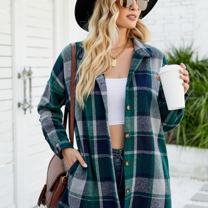 Women's casual plaid long-sleeved shirt fall and winter models buttons tweed thin jacket with pockets casual tops