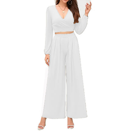 Women's two-piece suit Elegant lantern sleeve casual round neck blouse shirt high waist loose wide-legged pants suit