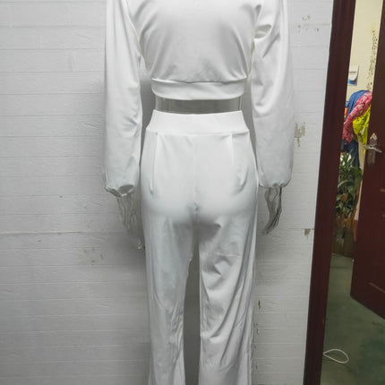 Women's two-piece suit Elegant lantern sleeve casual round neck blouse shirt high waist loose wide-legged pants suit